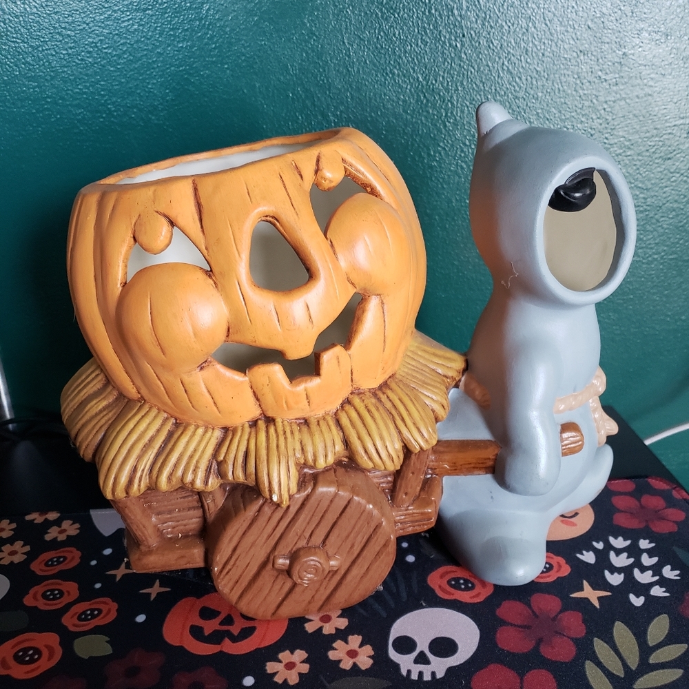 Vintage Ceramic Mold Halloween Light Ghost Pulling Jack O Lantern pumpkin wagon